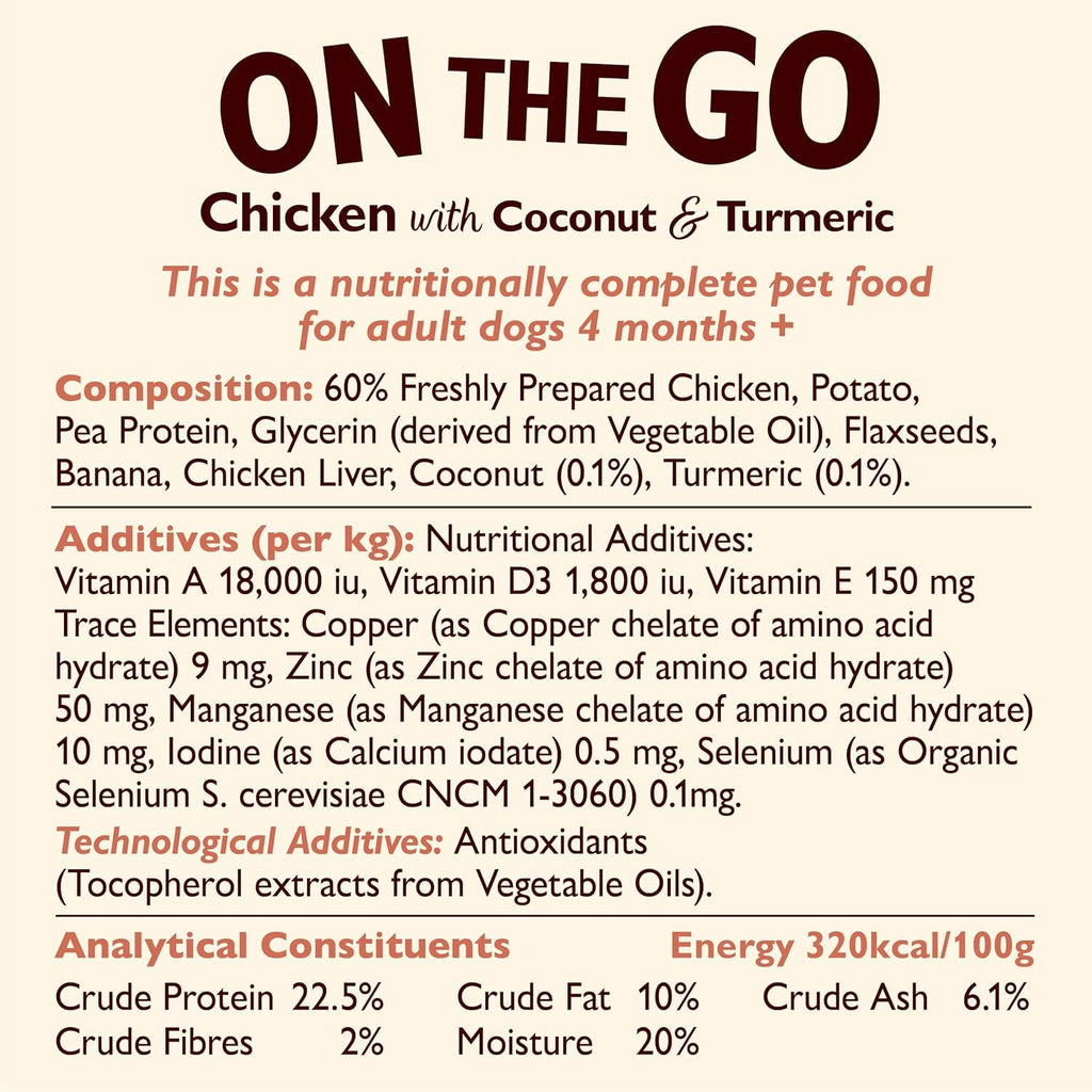 Nutritional label for pet food with chicken, coconut, and turmeric ingredients.