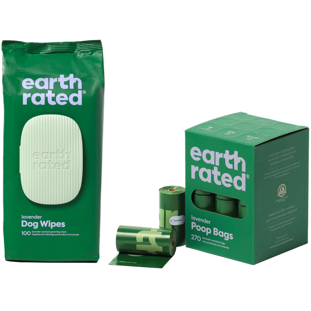 earth rated dog wipes and poop bags packaging on a white background