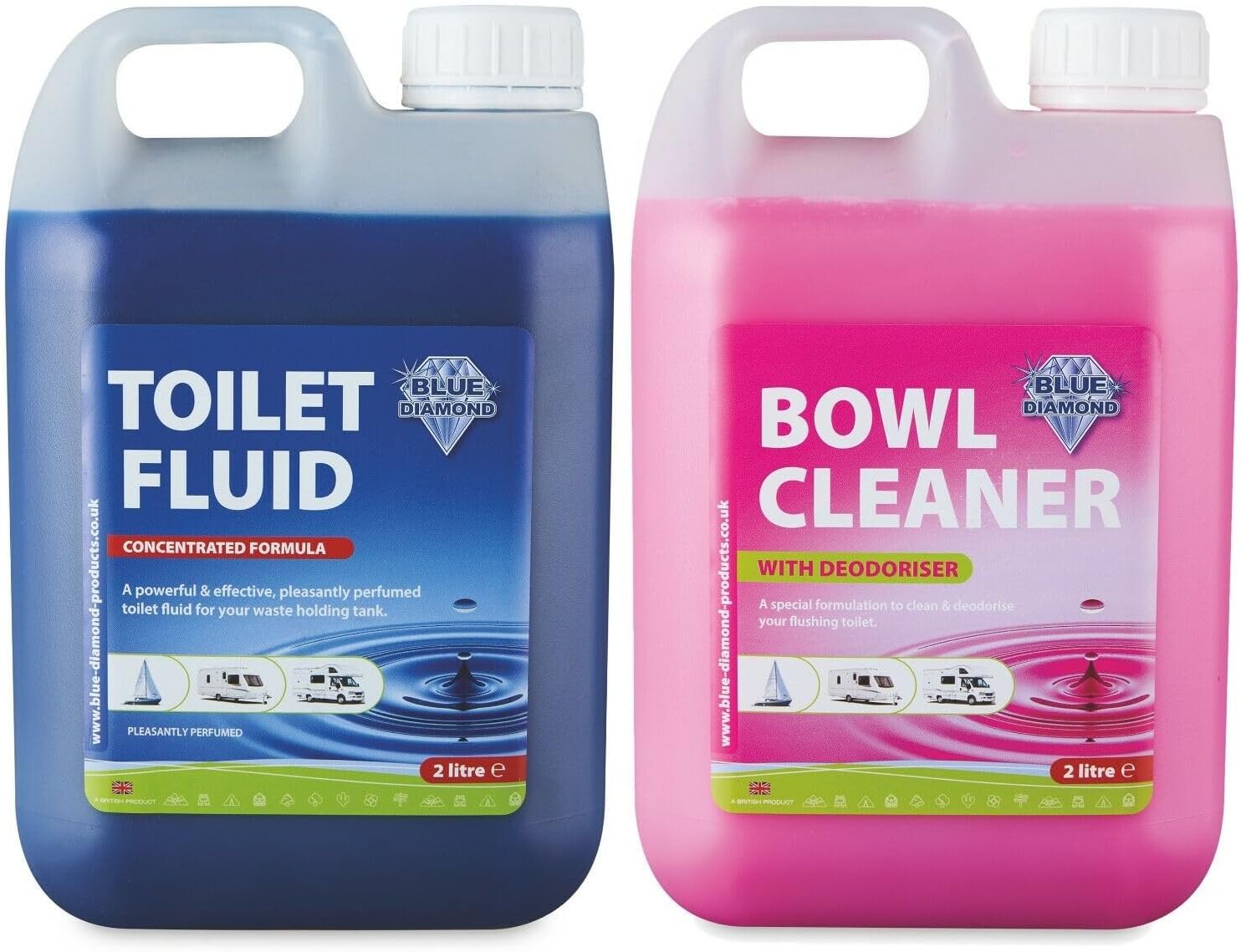 Two bottles of Blue Diamond toilet fluid and bowl cleaner on a white background