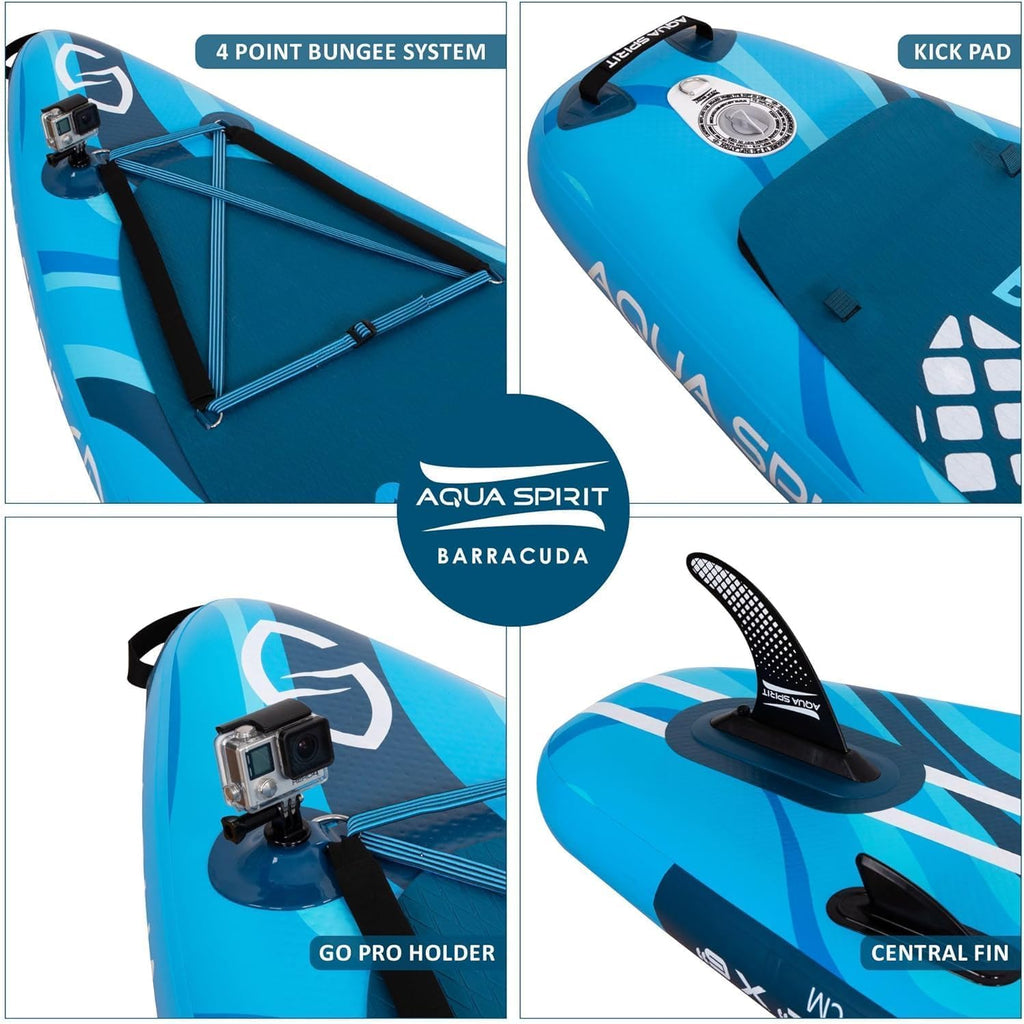 Blue Aqua Spirit Barracuda kayak with features highlighted on a white background