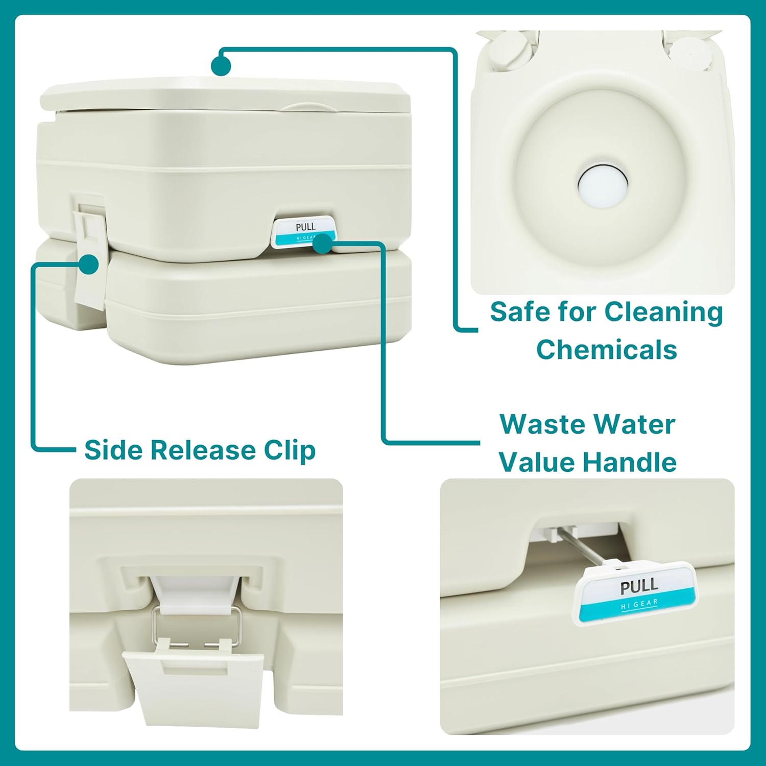 Portable toilet with labeled features on a white background