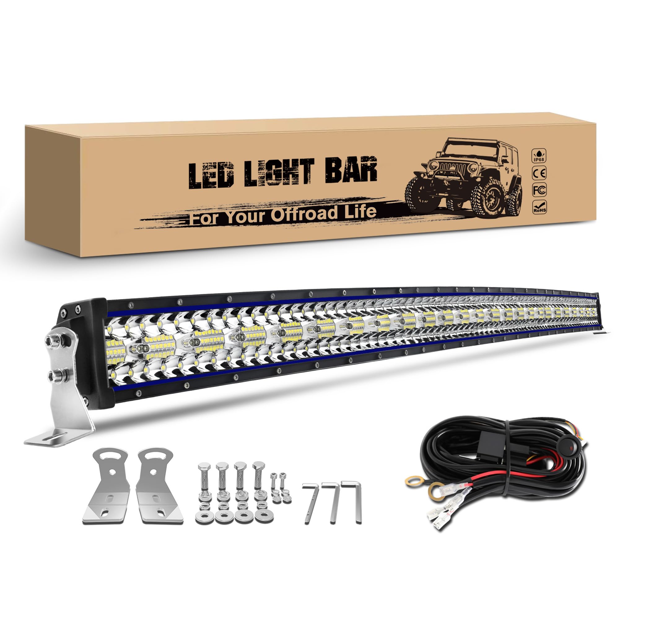CO LIGHT Curved LED Light Bar 52 inch 750W 80000LM Triple Rows Spot Flood Combo Light Off-Road Driving Lights with Wiring Harness High Brightness for Trucks SUV ATV UTV Marine