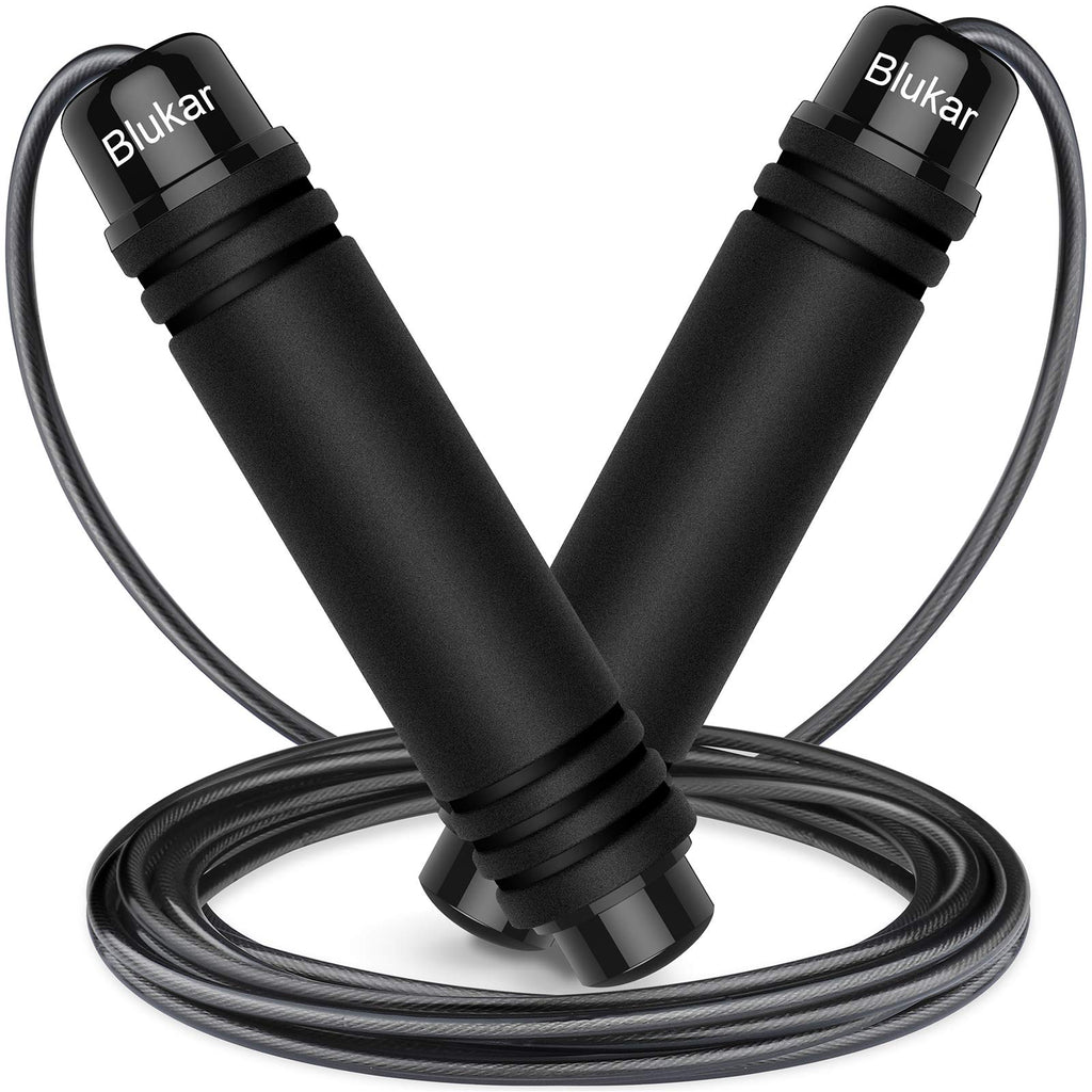 Black skipping rope with 'Blukar' branding on a white background