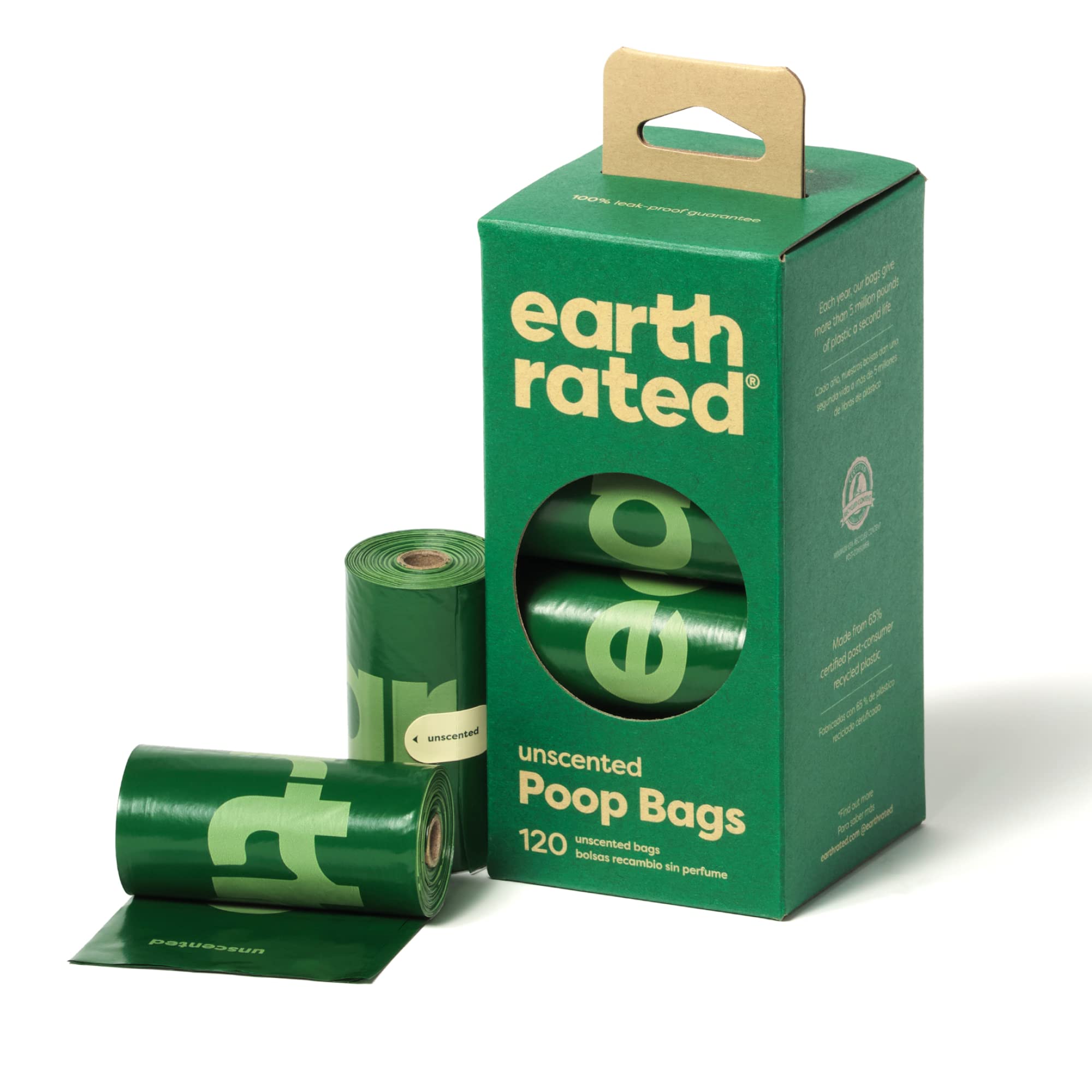 Green 'earth rated' poop bag packaging with a roll of bags on a white background