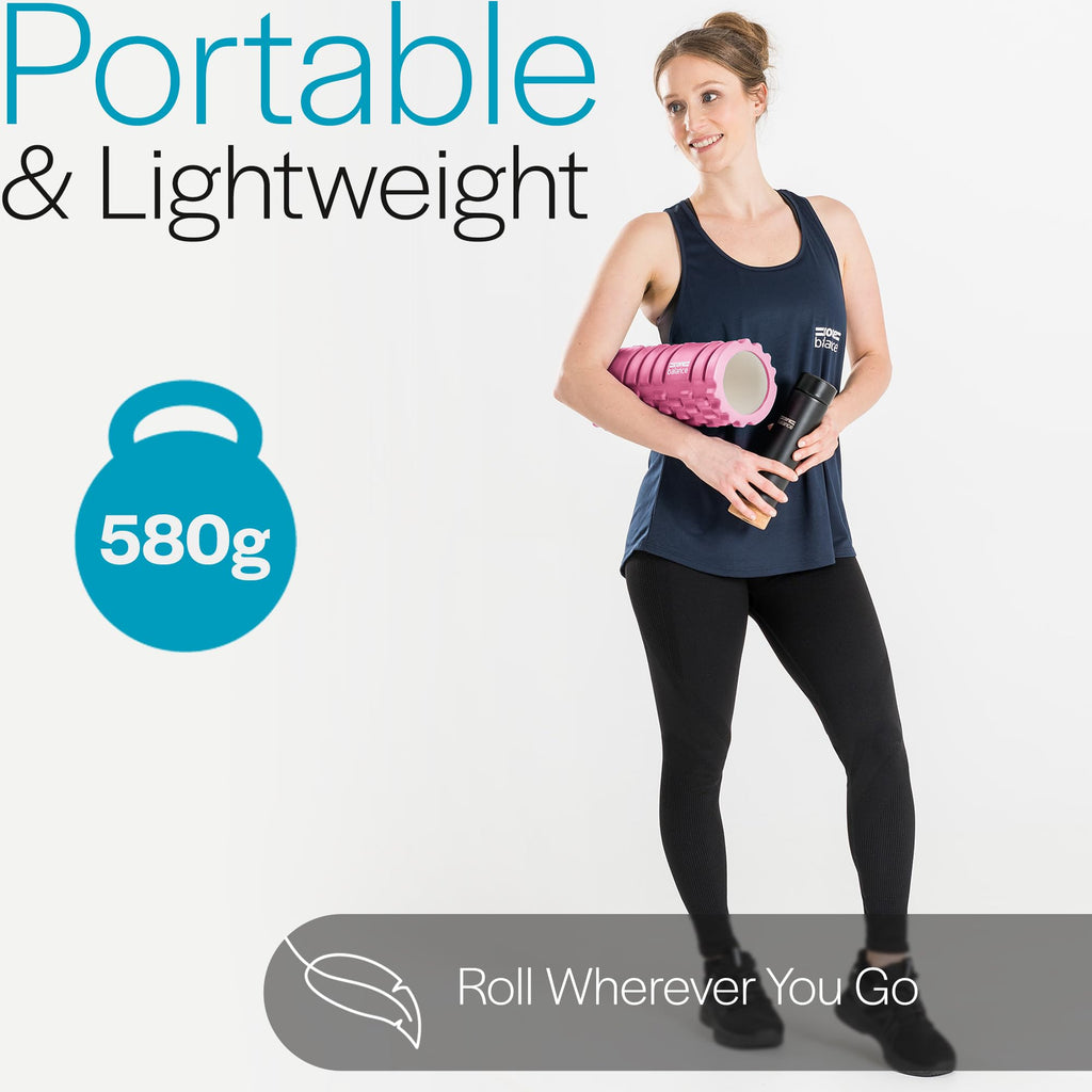 Woman holding a pink foam roller and black bottle with text about weight and portability on a white background