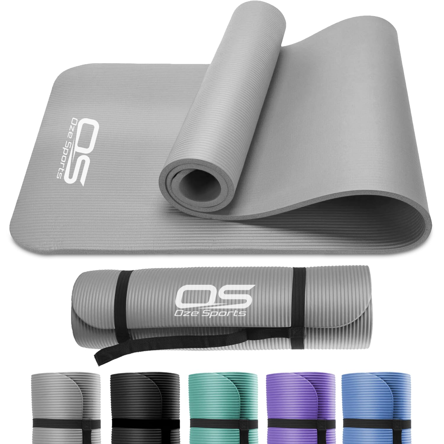 Gray yoga mat with Oze Sports logo, rolled up and flat, on a white background.