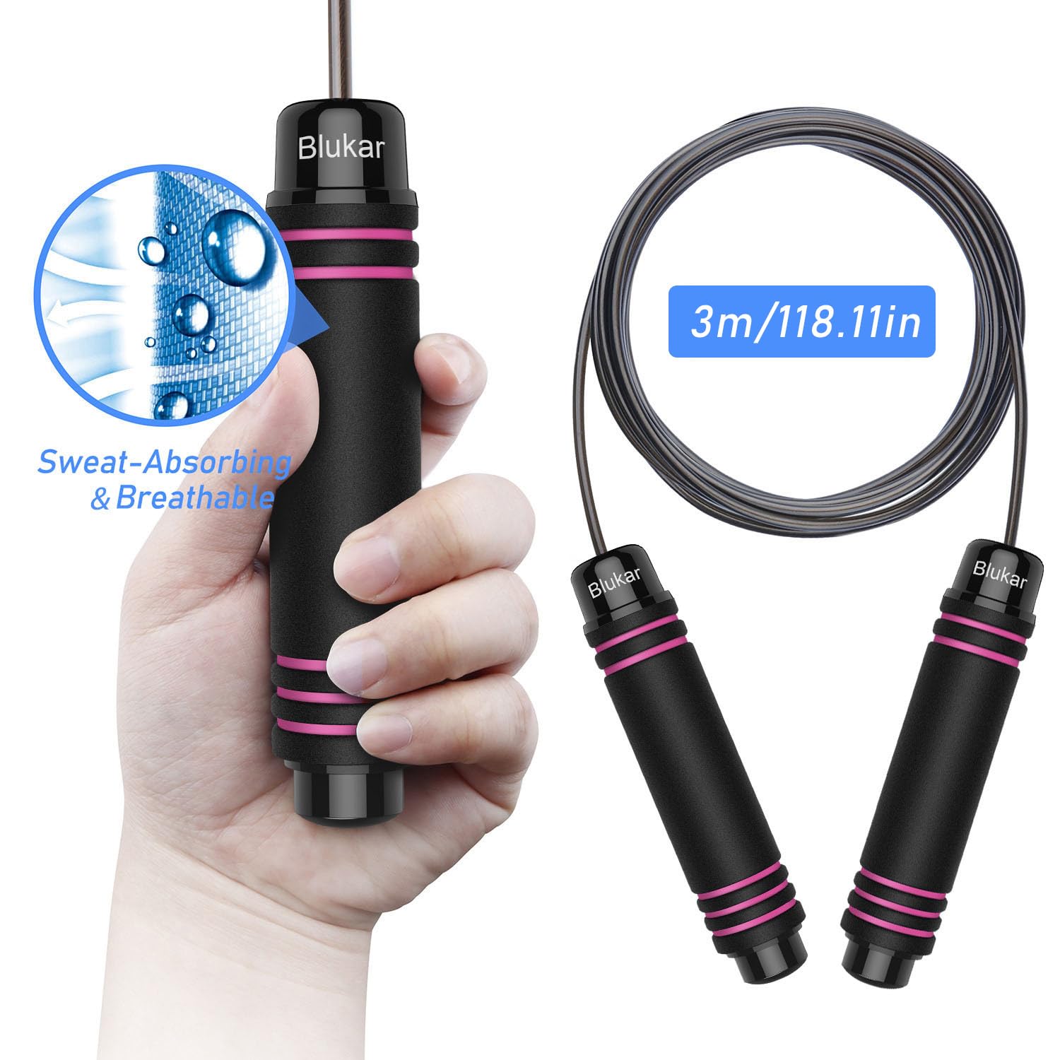 Black and pink skipping rope with Blukar branding, showing sweat-absorbing feature and length measurement.