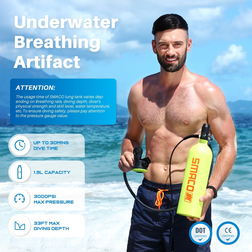 Man holding a yellow SMACO diving tank with ocean background