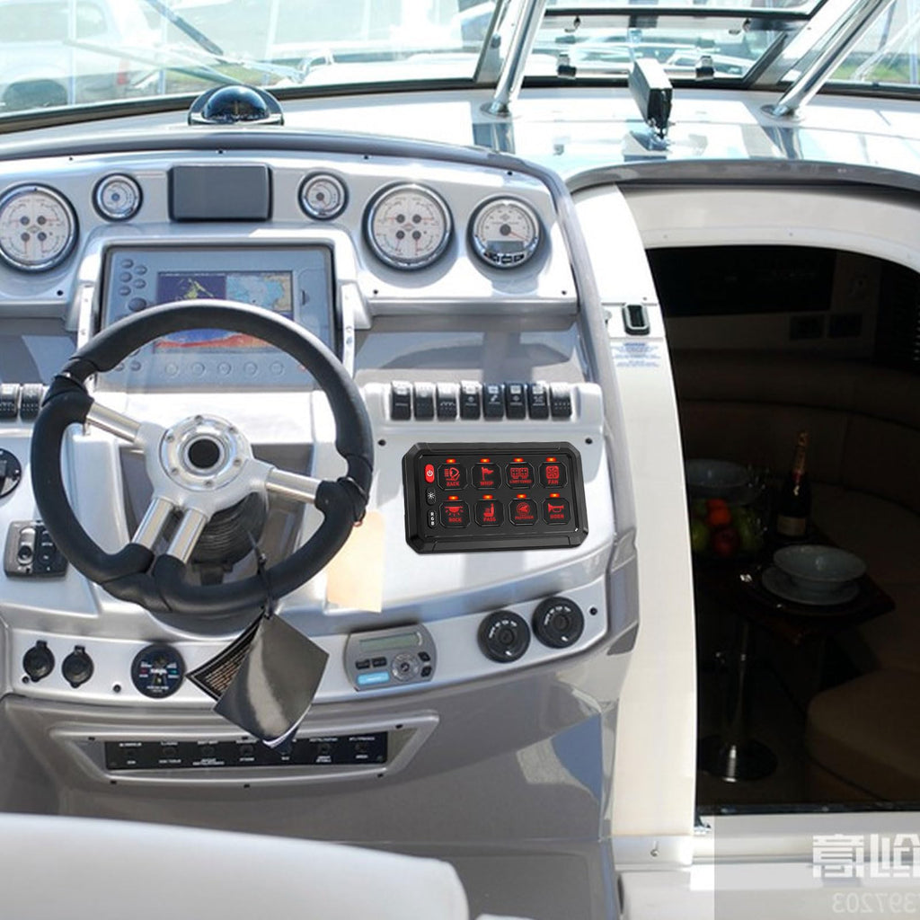 Boat dashboard with steering wheel and control panel
