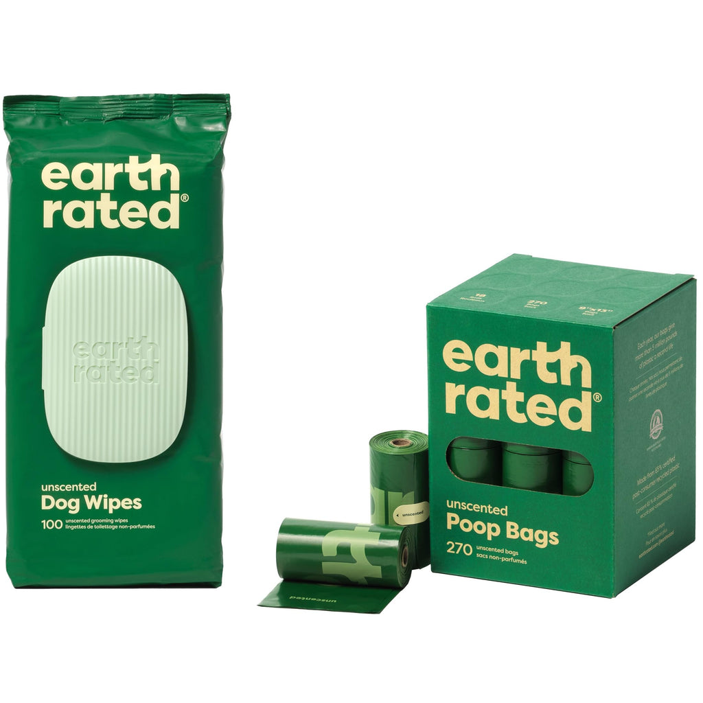 earth rated green packaging for dog wipes and poop bags on a white background