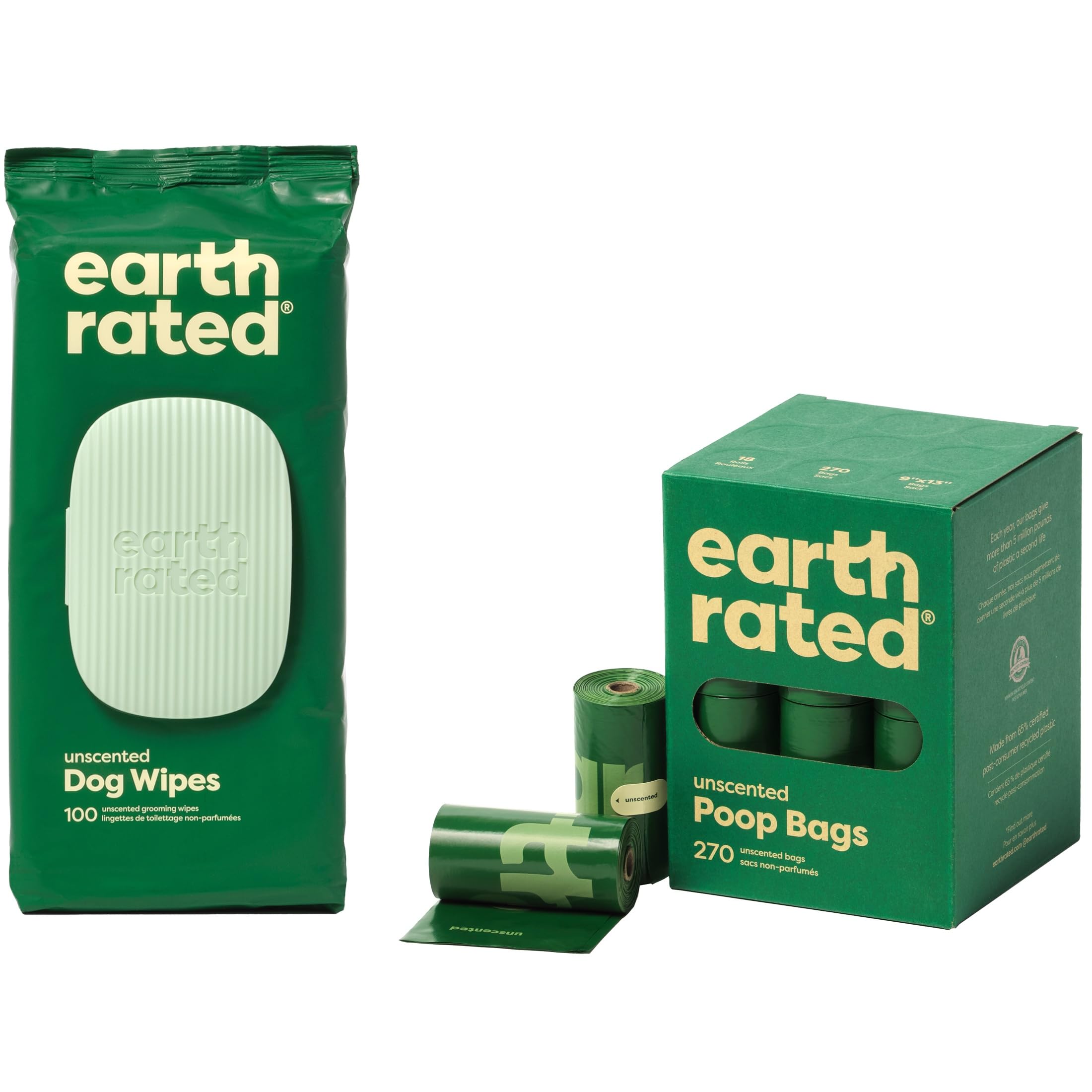 earth rated green packaging for dog wipes and poop bags on a white background