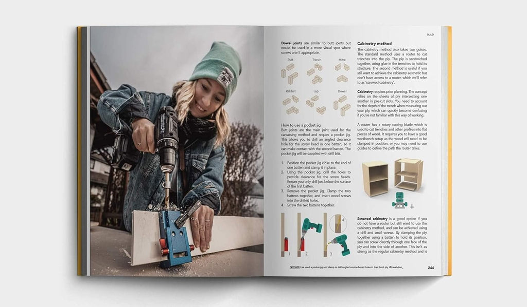 Open book showing a person using a drill and text on woodworking.
