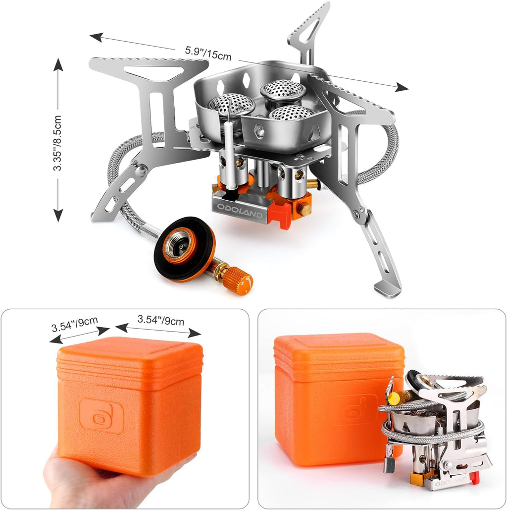 Portable camping stove with dimensions and packaging shown