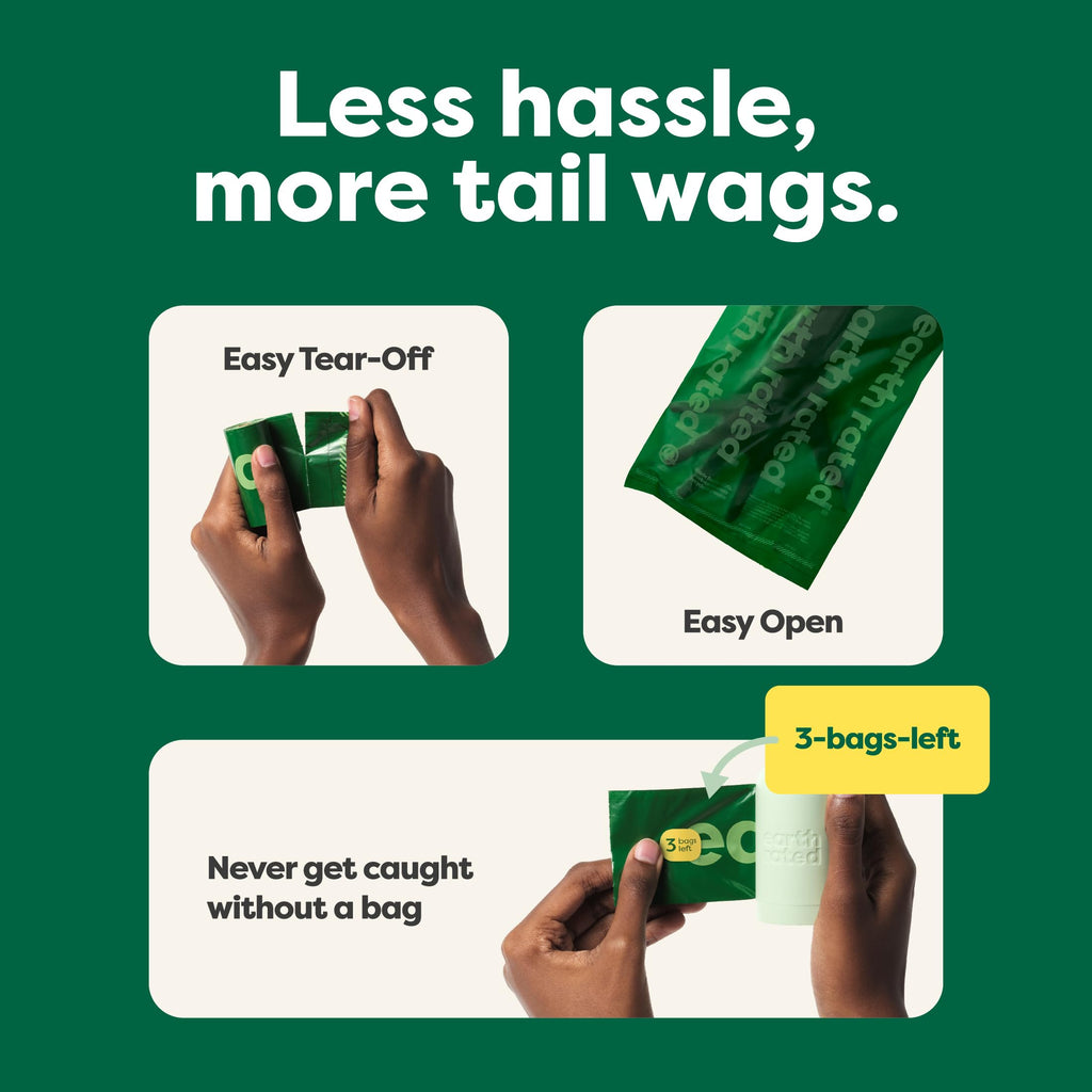 Product advertisement with text 'Less hassle, more tail wags' and images of hands using a green bag.