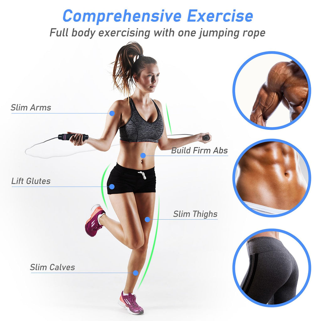 Woman exercising with a jumping rope, showing muscle groups worked on.