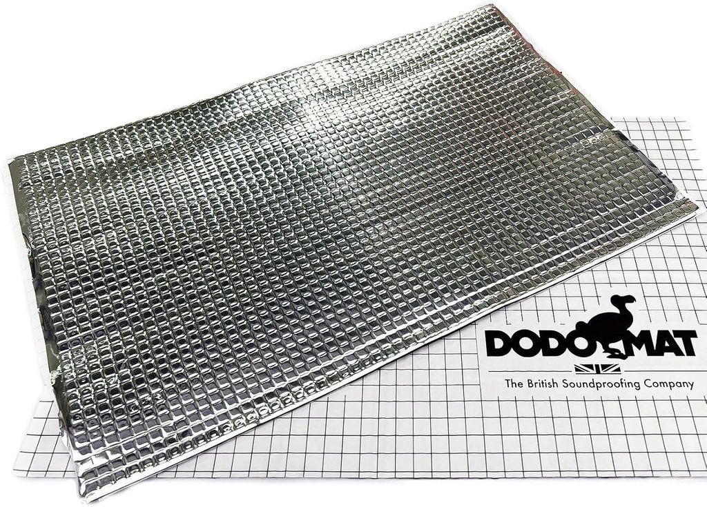 sound deadening material with dodo mat branding on a grid background