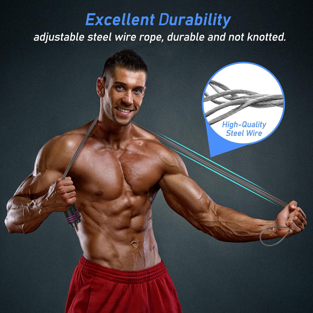 Man holding a resistance band with text about durability and high-quality steel wire.