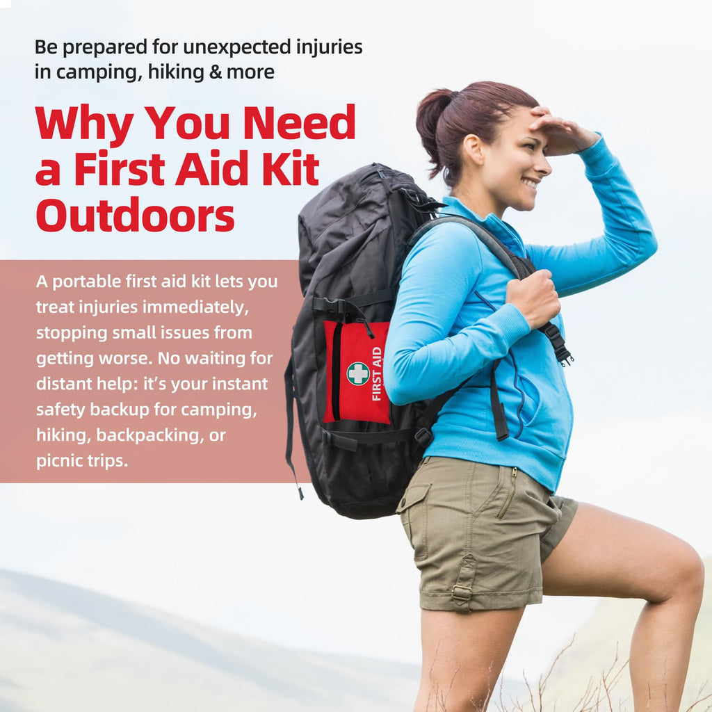 Woman with a backpack featuring a first aid kit, with text about the importance of a first aid kit outdoors.