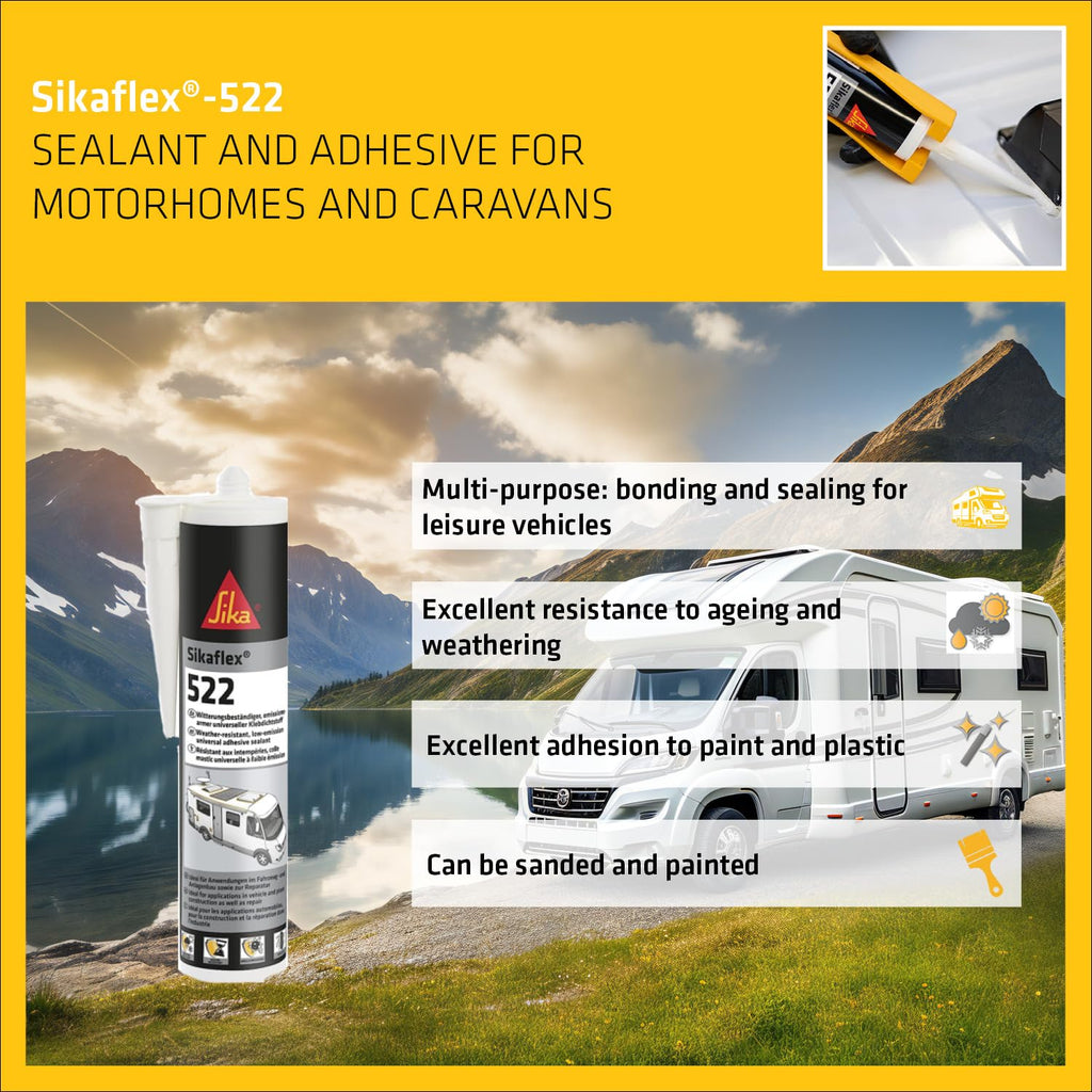 Sikaflex-522 sealant and adhesive for motorhomes and caravans with scenic background