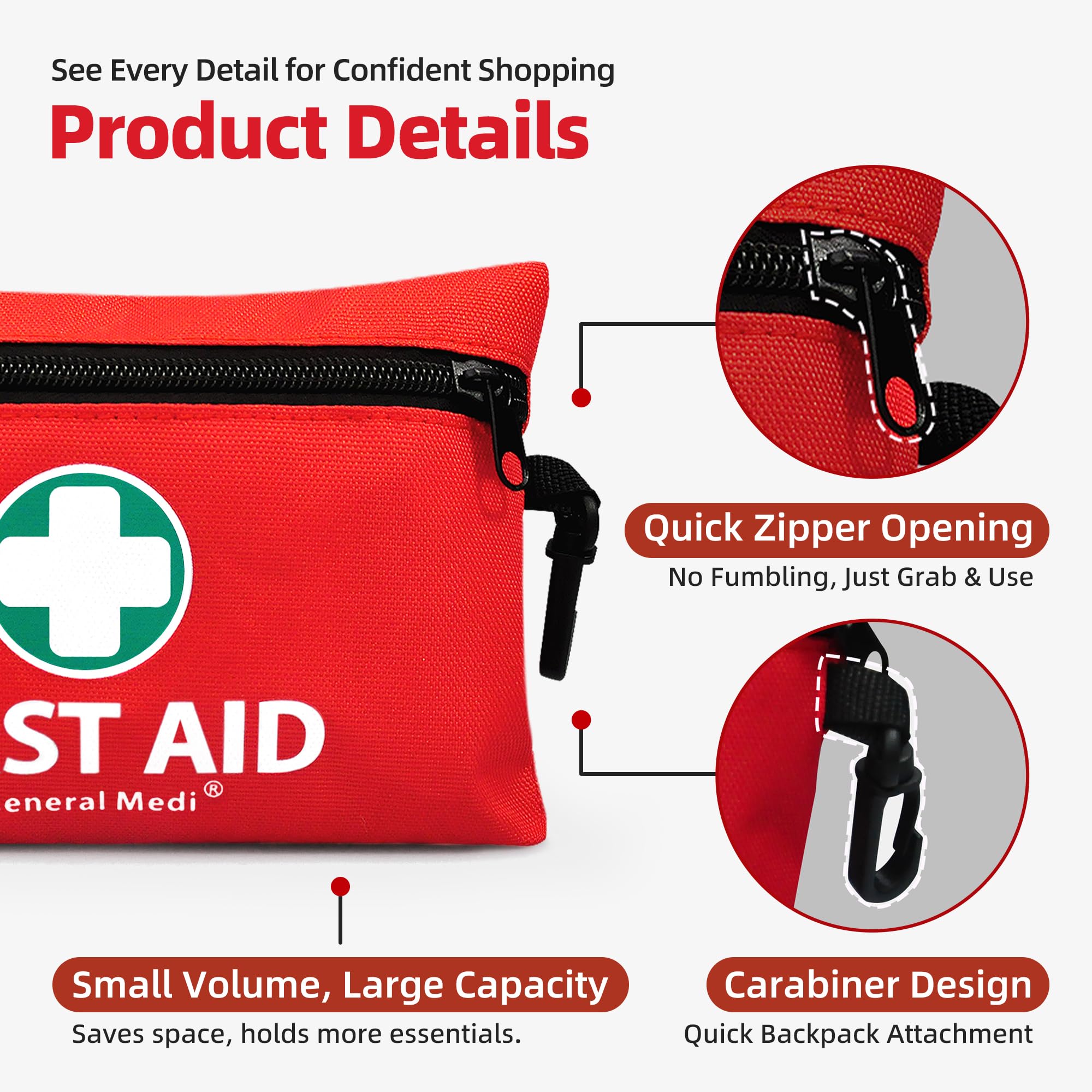 Red first aid kit with product details on a white background