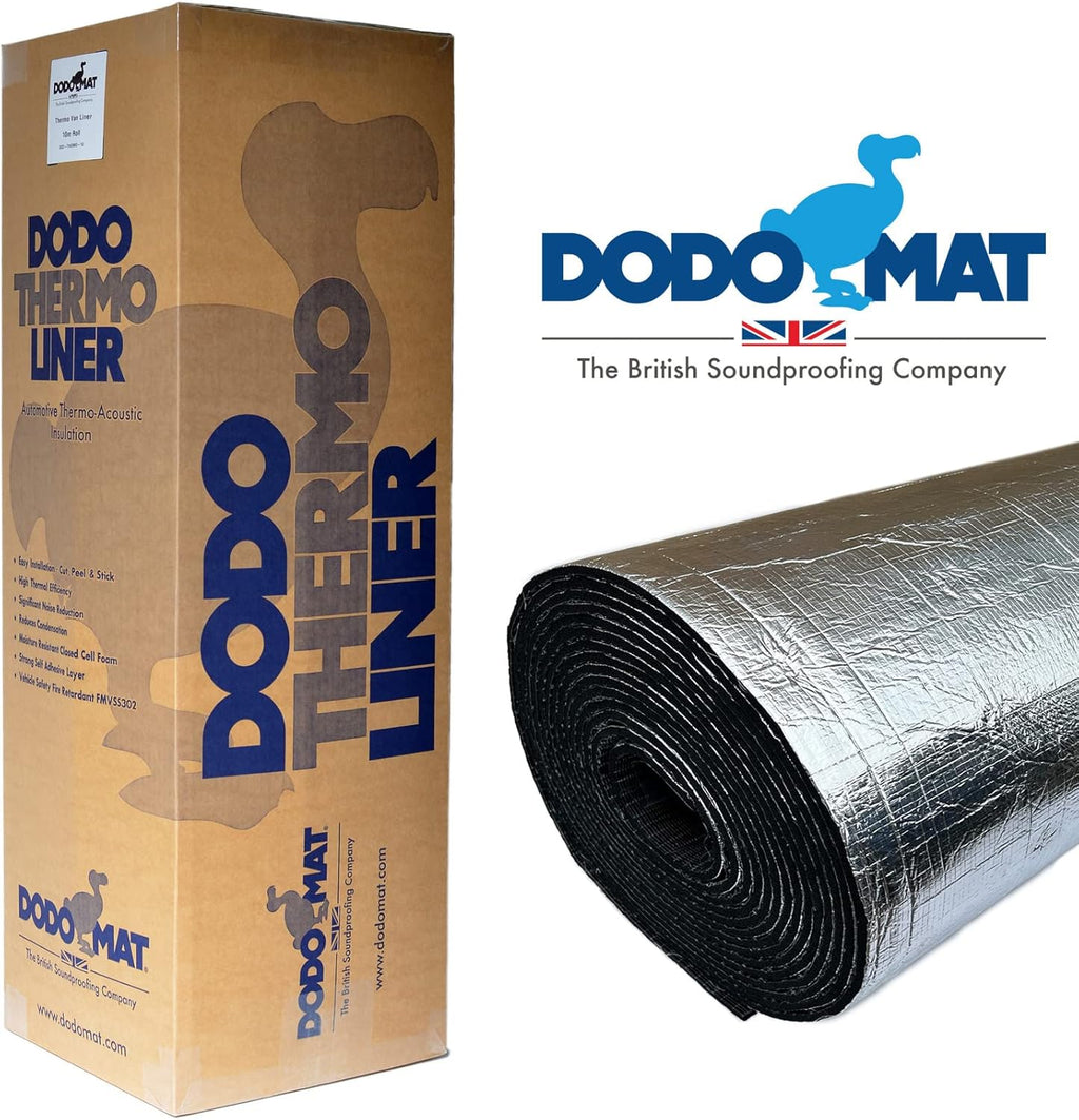 Dodo Thermo Liner packaging and roll of soundproofing material with Dodo Mat branding.