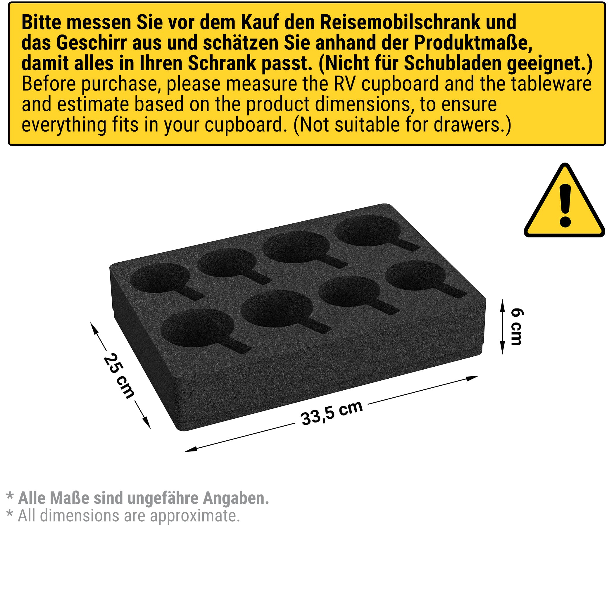 Black foam block with cup holders and dimensions on a white background with text and warning symbol.