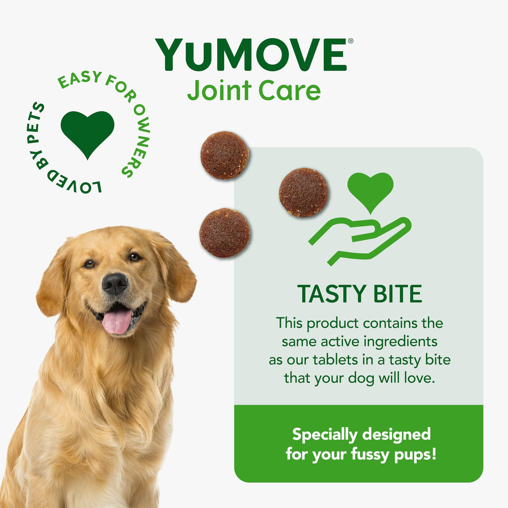 YuMOVE Joint Care product for dogs with a golden retriever and treats on a white background