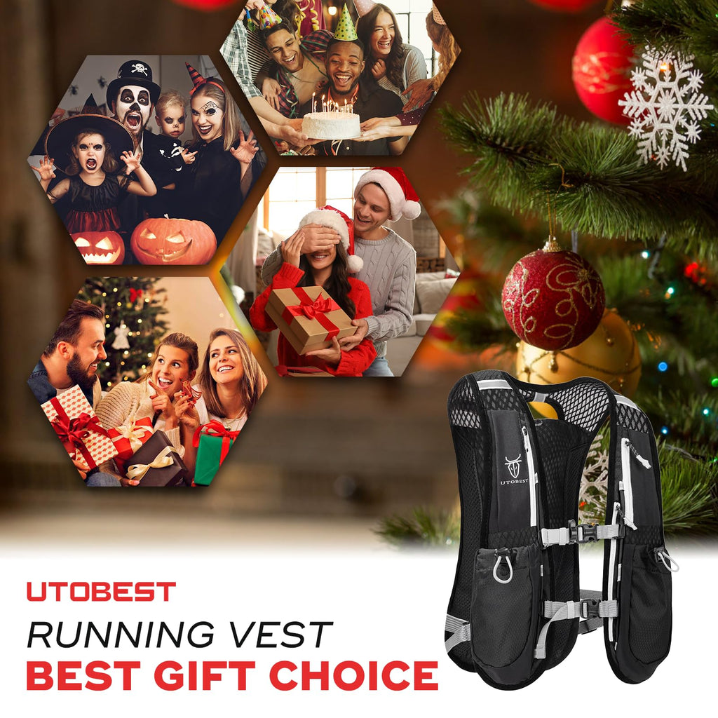 Black running vest with Christmas tree and family photos in the background