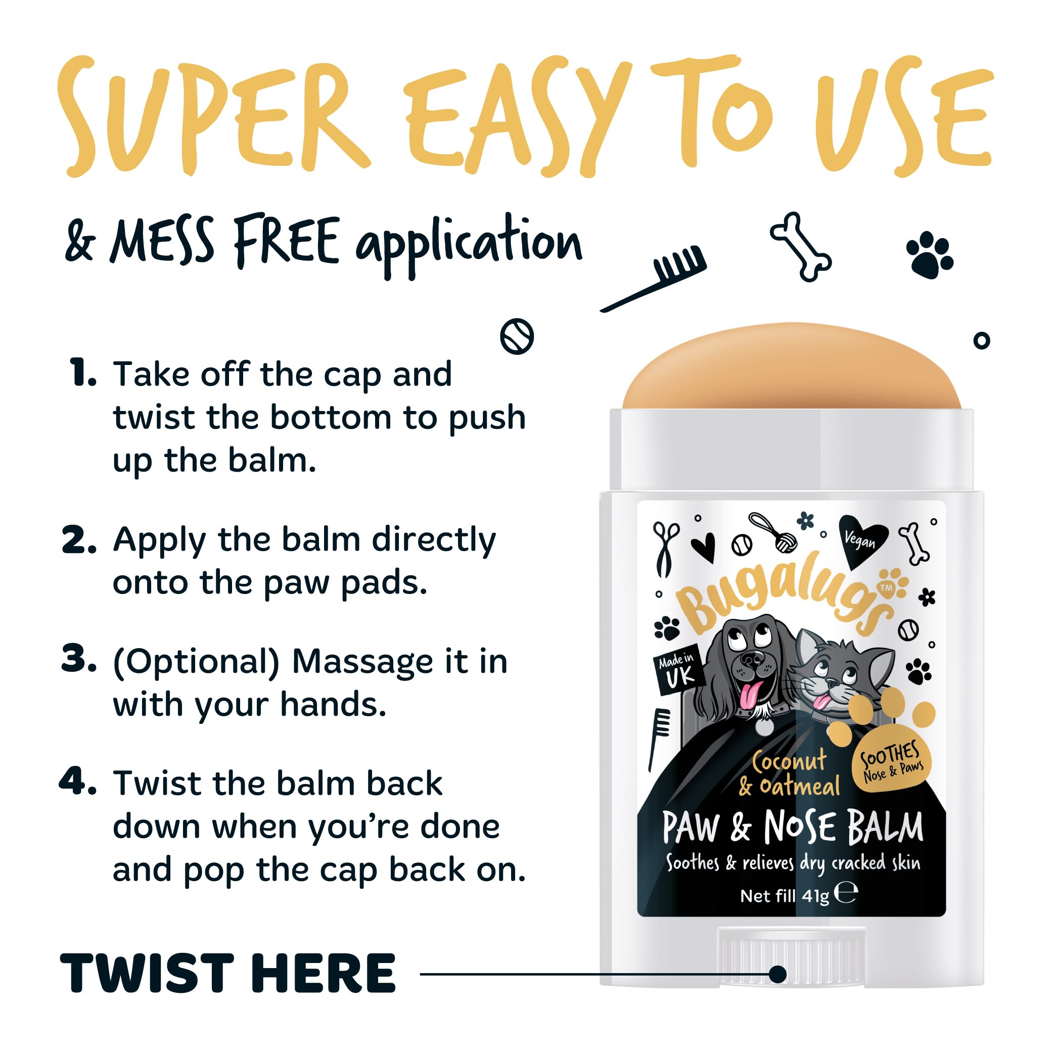 Bugalugs paw and nose balm packaging with usage instructions on a white background