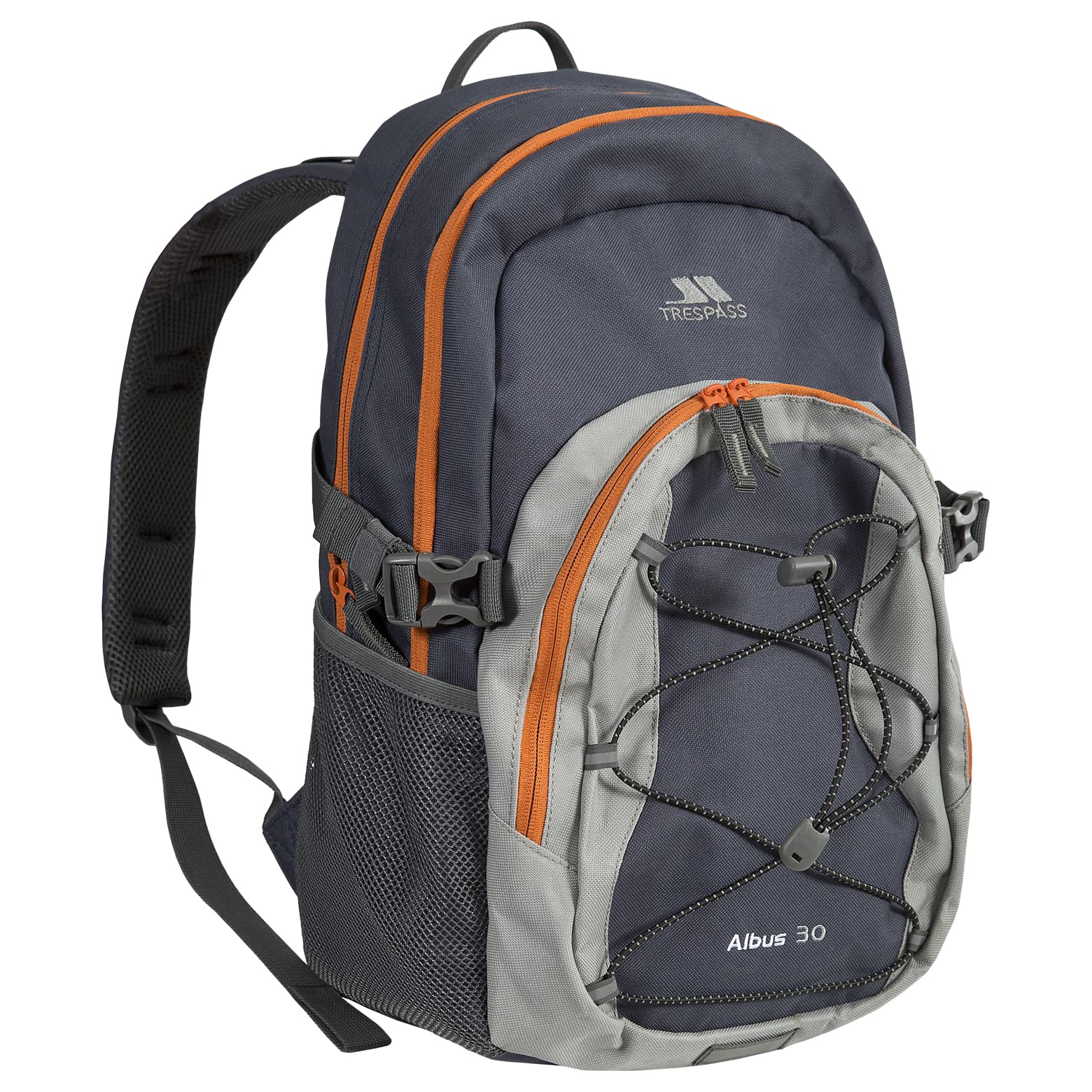 Gray and orange backpack with Trespass branding on a white background