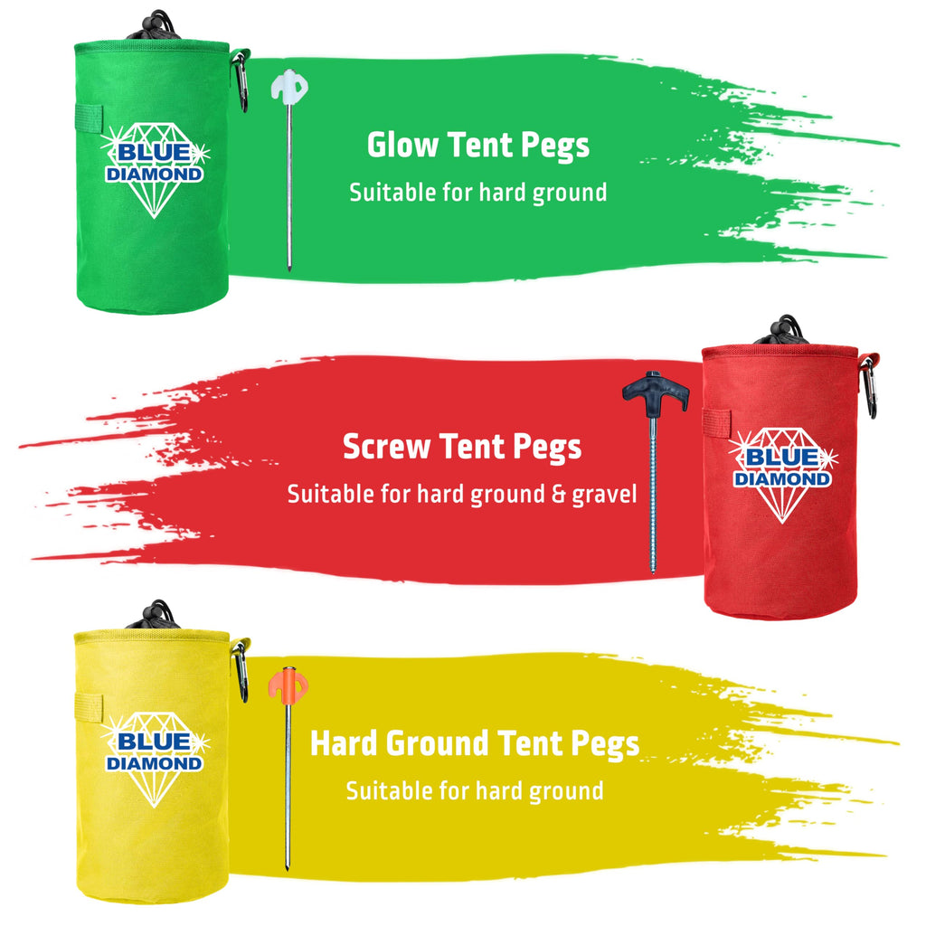 Three Blue Diamond tent pegs with color-coded labels on a white background