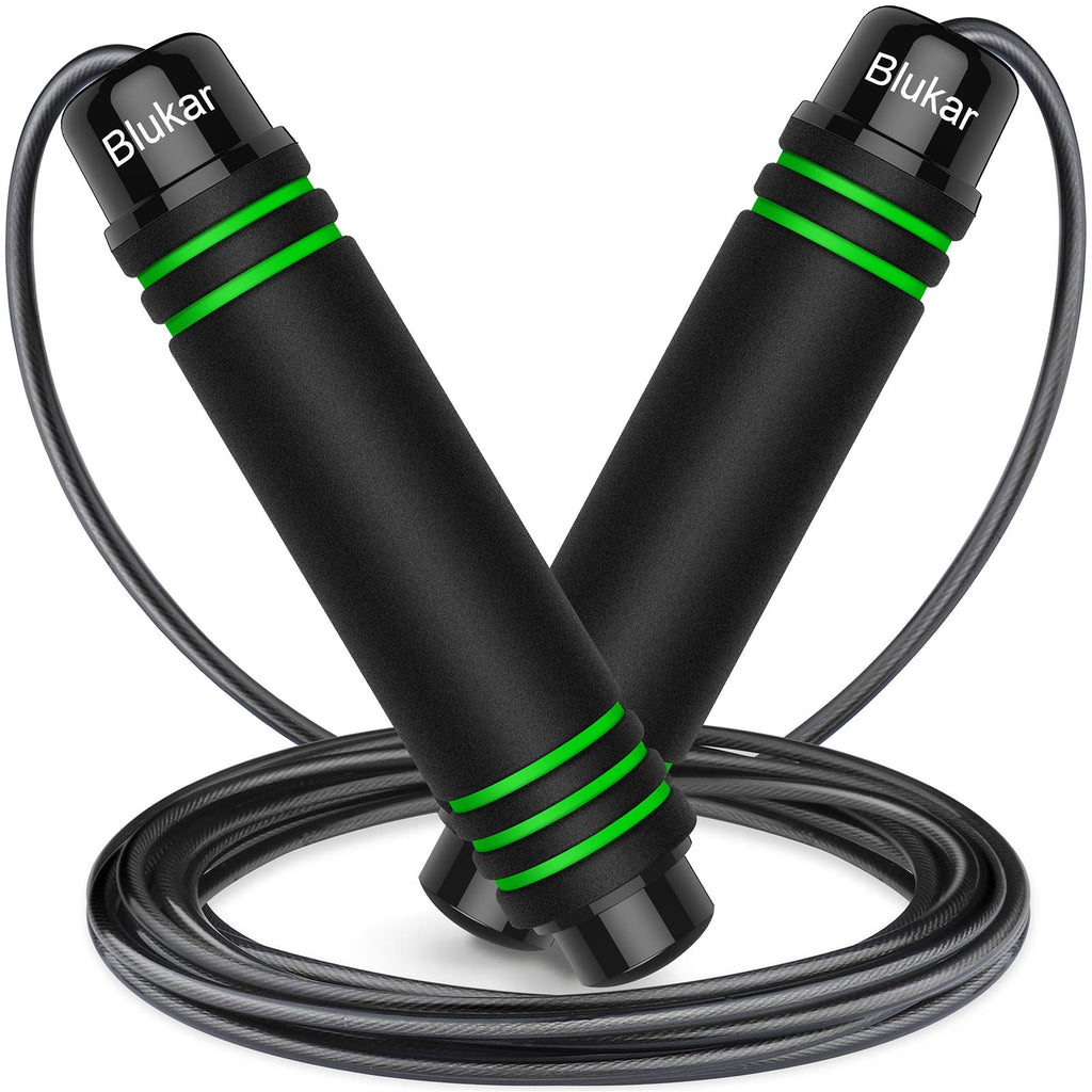Black and green skipping rope with 'Blukar' branding on a white background