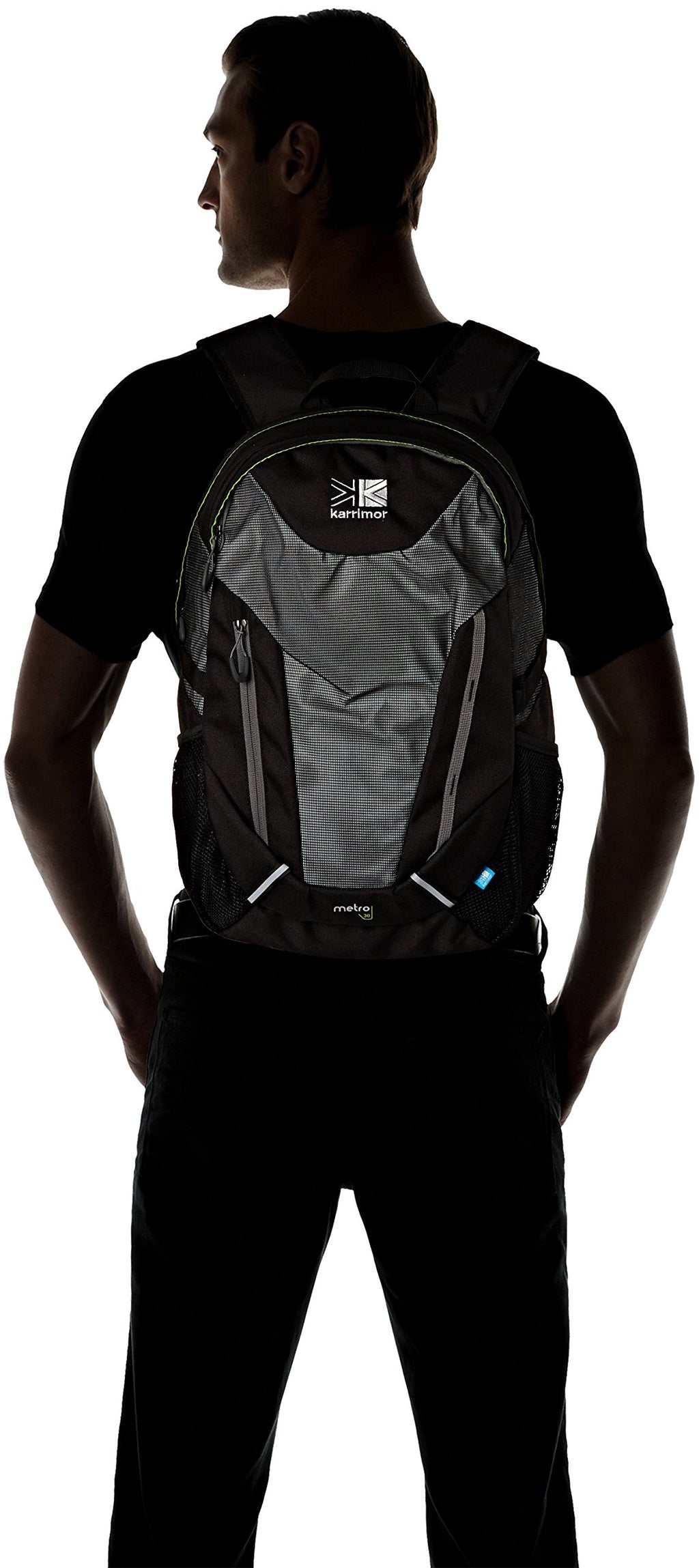 Person wearing a black and gray backpack with a visible brand logo on a white background