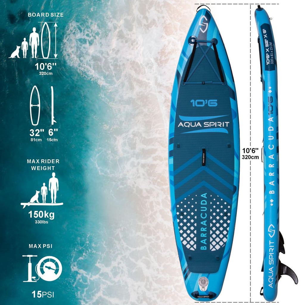 Blue Aqua Spirit paddleboard with measurements and specifications on a beach background