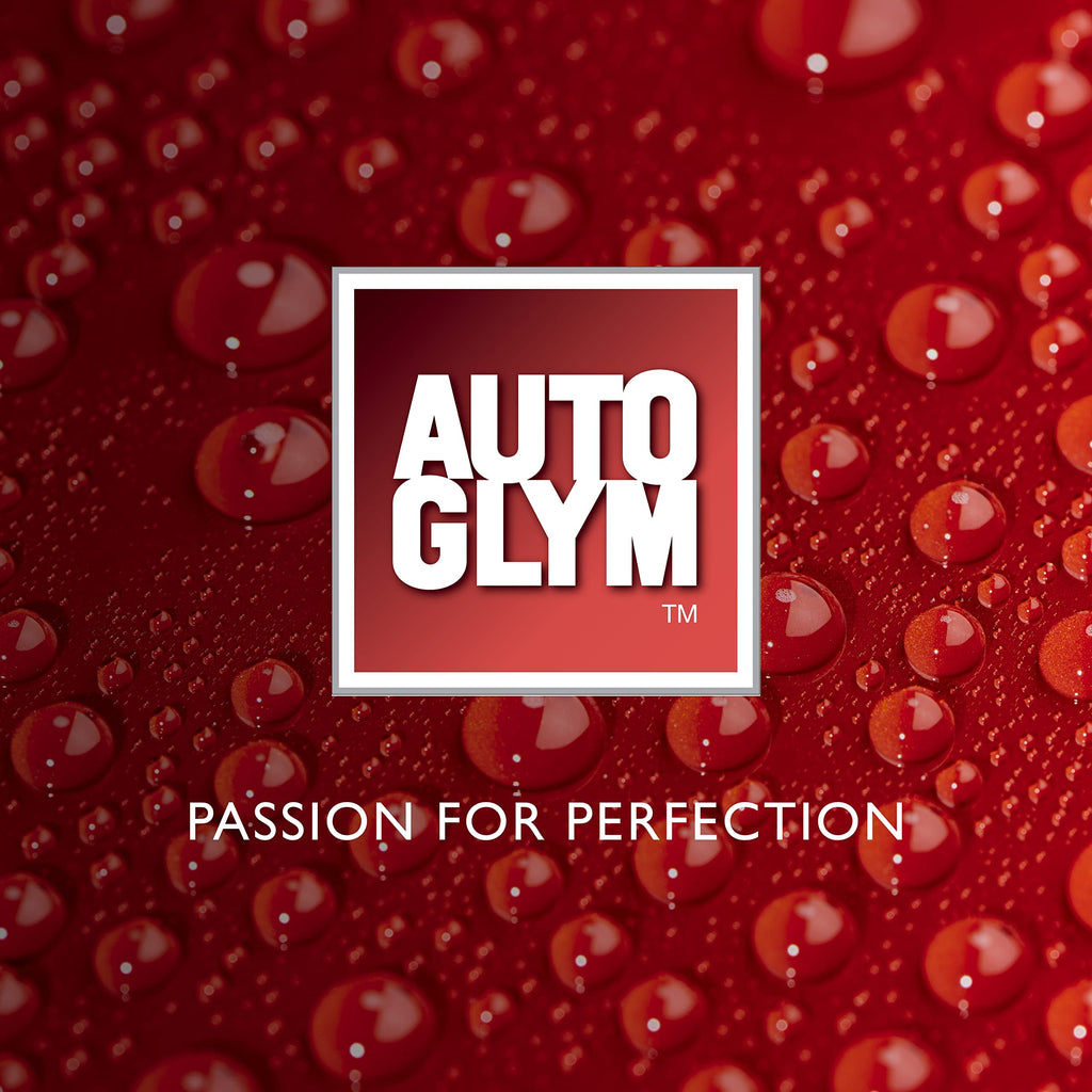 AUTOGLYM logo with 'Passion for Perfection' on a red background with water droplets.