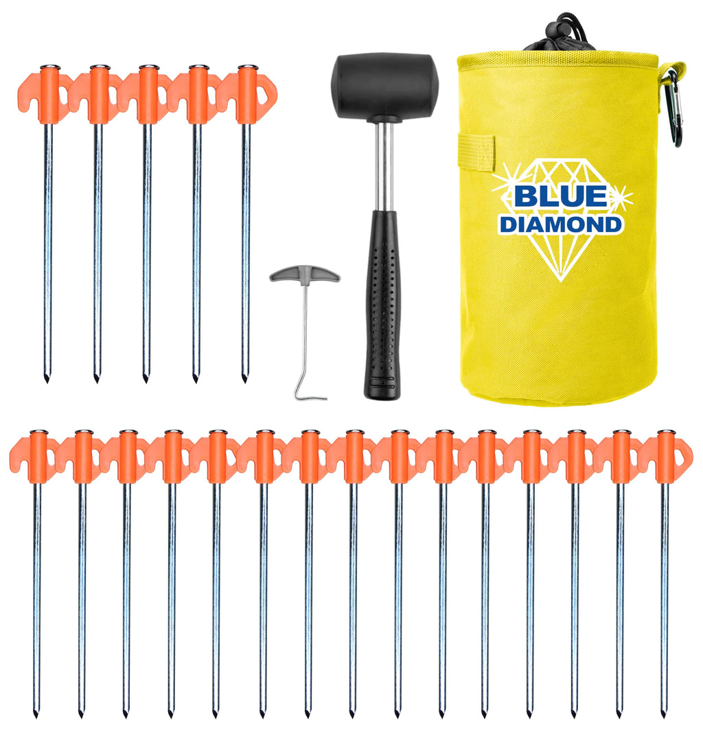 Set of tent stakes with a hammer and yellow carrying case labeled 'Blue Diamond' on a white background.