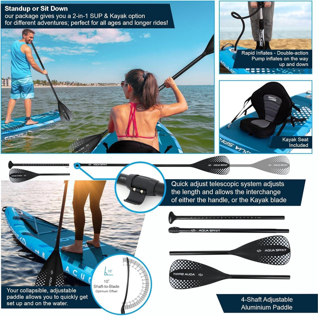 Sup and kayak set with people using it, paddles, and features highlighted on a blue background.