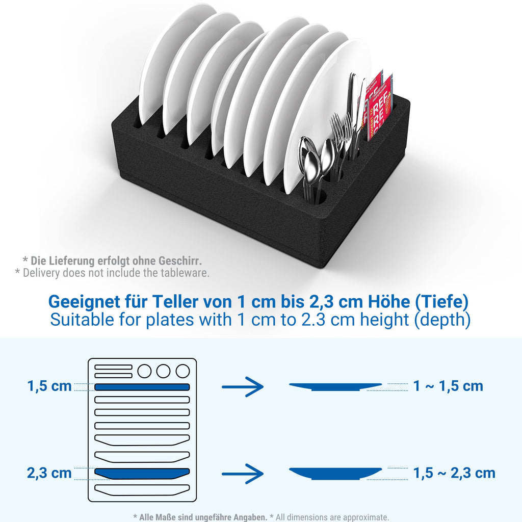 Black plate rack with white plates and silverware, labeled suitable for plates with a depth of 1 cm to 2.3 cm.