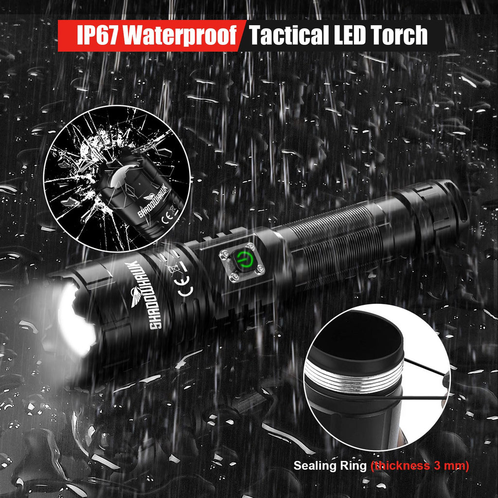 Tactical LED torch with raindrop effects and close-up details on a dark background