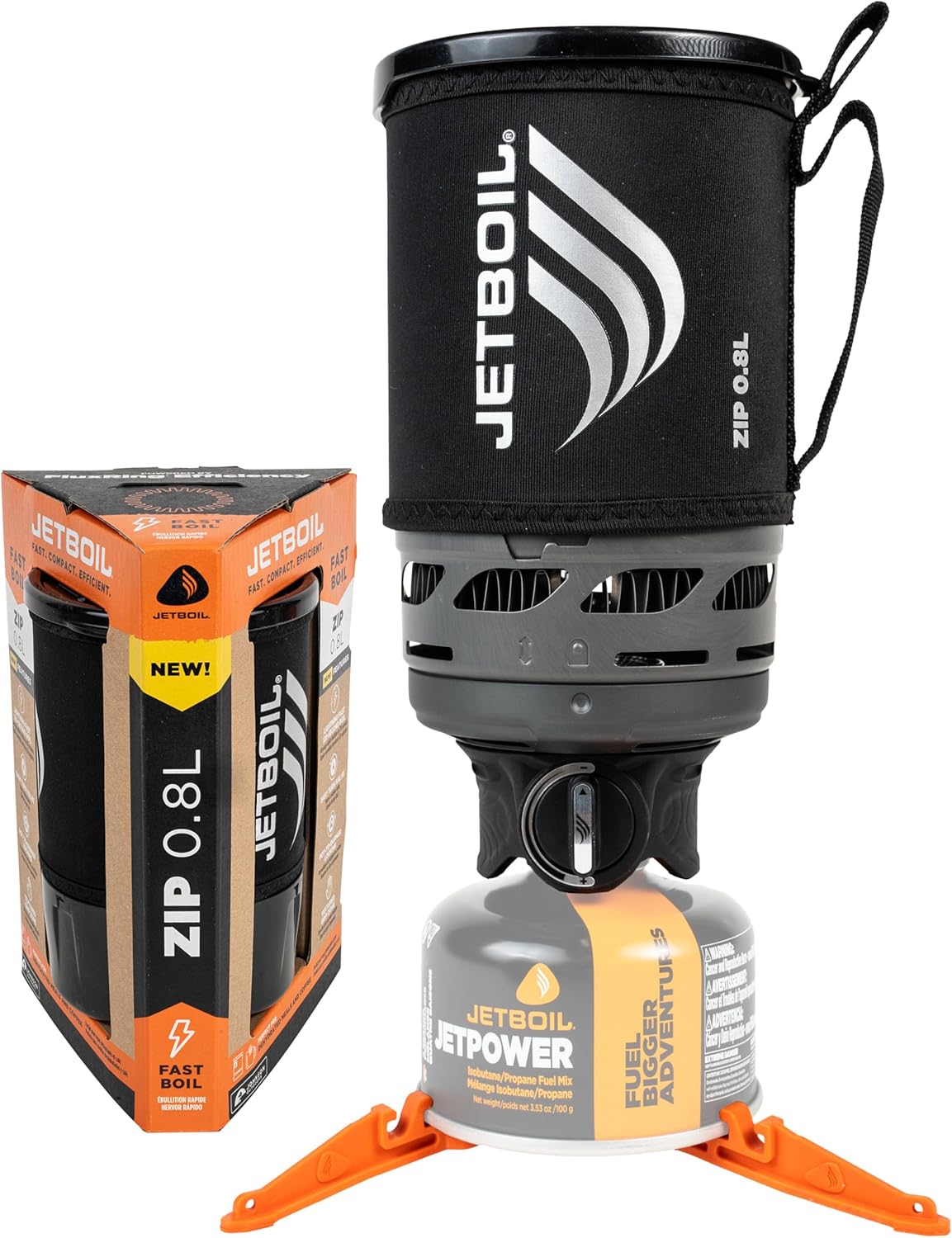 Jetboil cooking system with packaging and Jetboil fuel canister on a white background