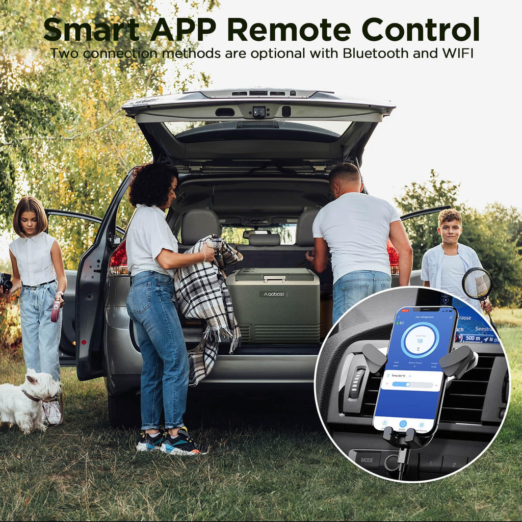 Family using a portable refrigerator in the back of a car with a smart app remote control feature.