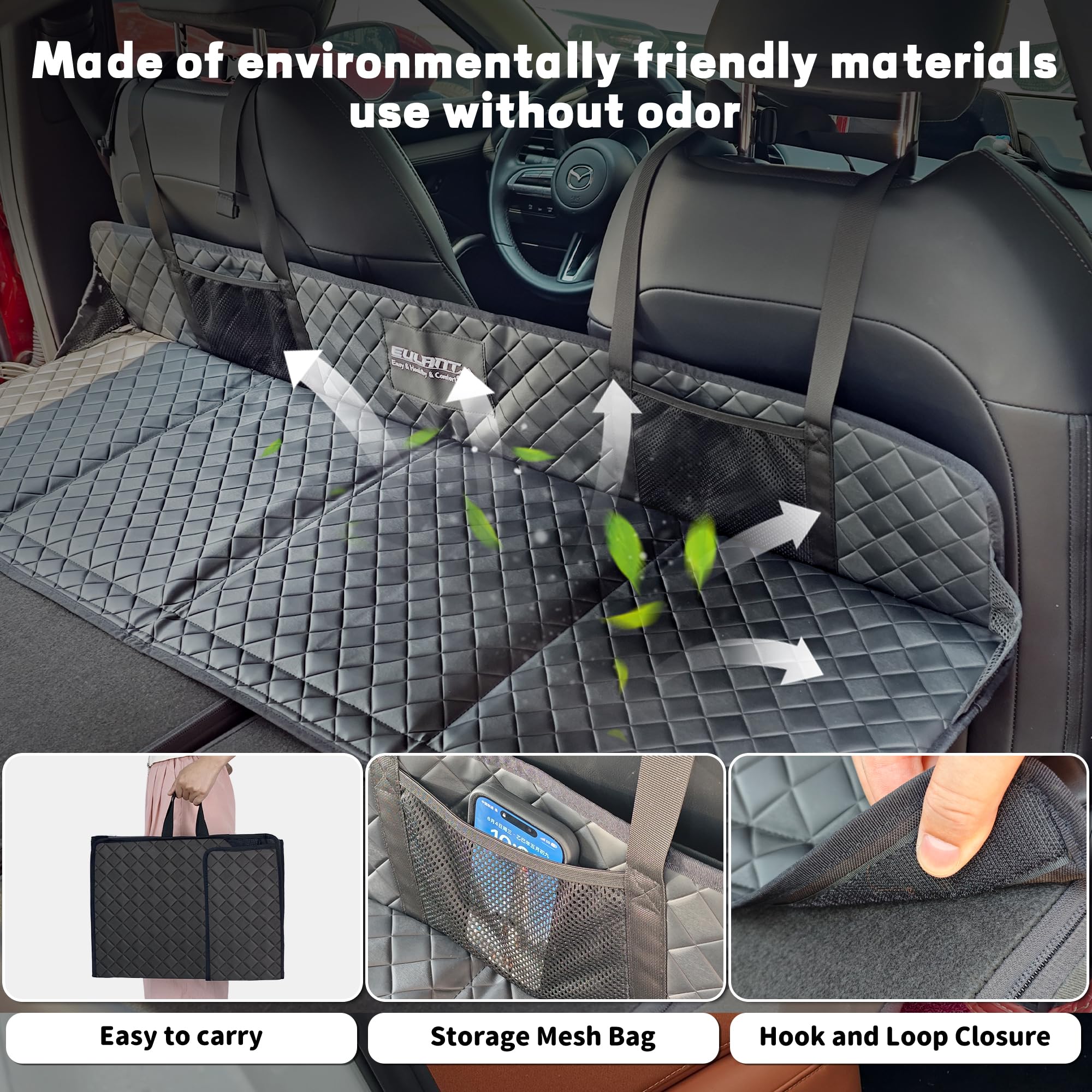 Car seat cover with features highlighted on a car interior background