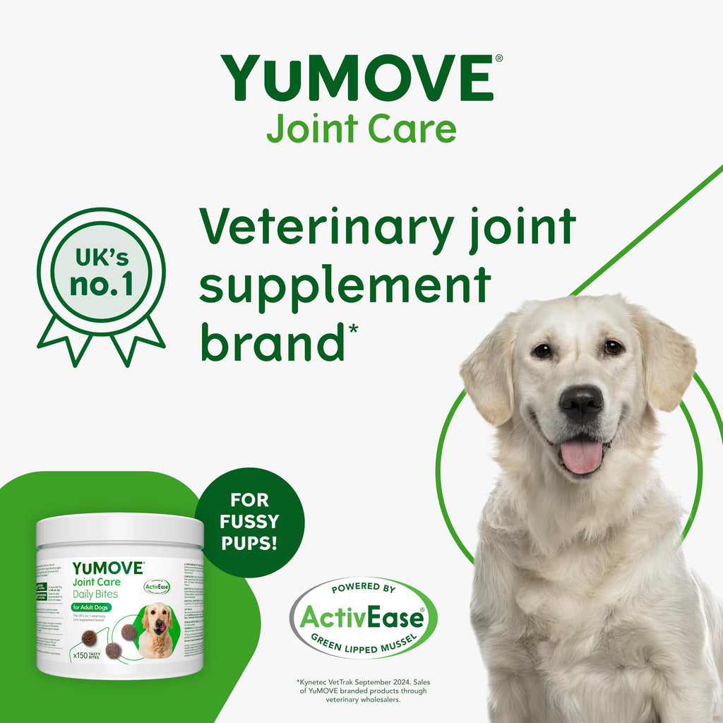 YuMOVE Joint Care veterinary supplement for dogs with a dog and product on a green background