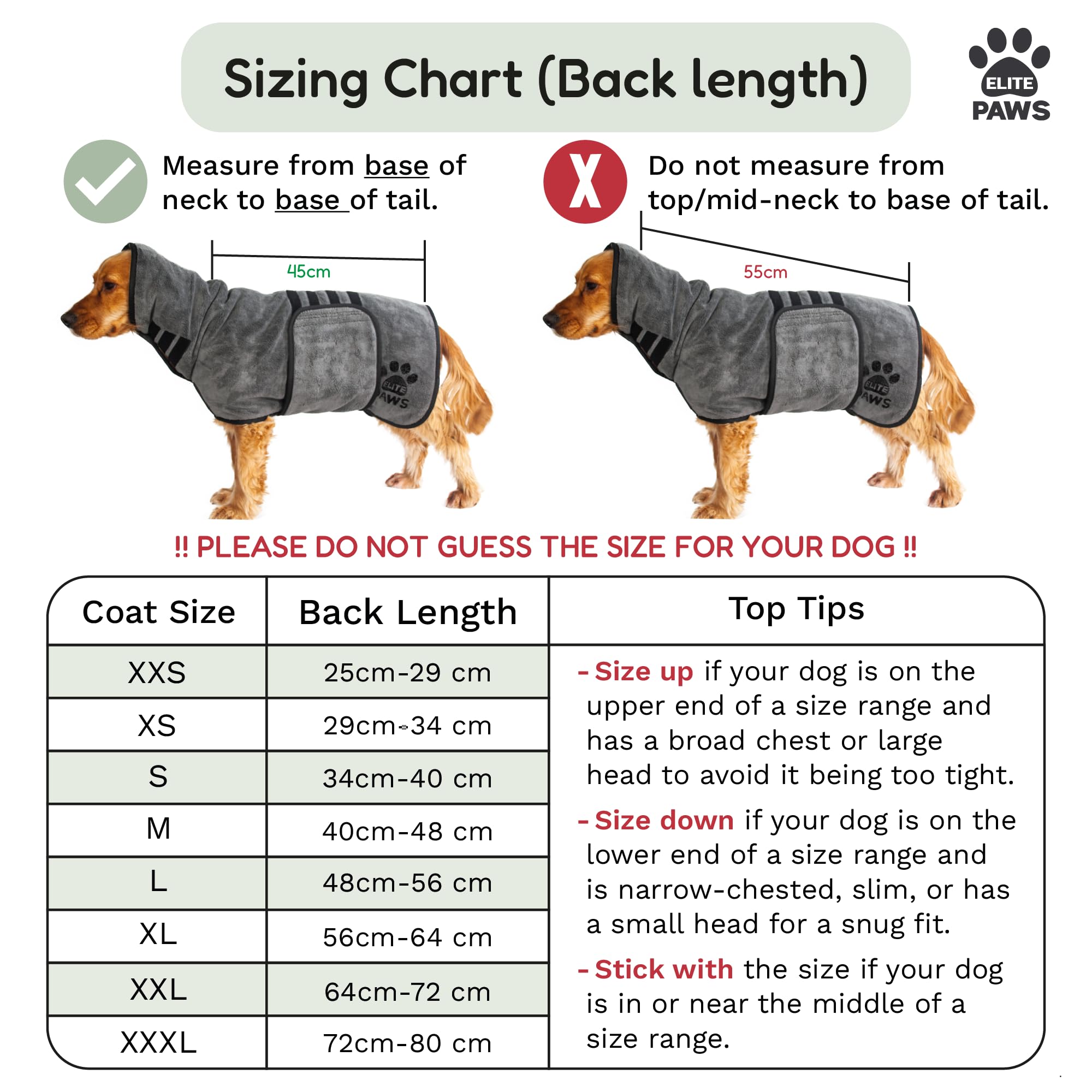 Dog coat sizing chart with measurements and tips forElite Paws brand