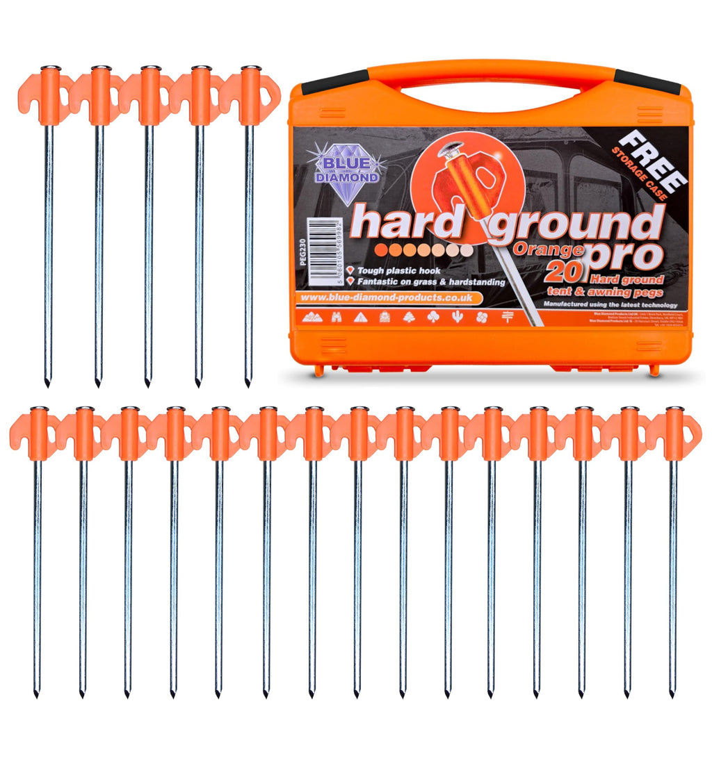 Orange hard ground pro tent stakes with carrying case on a white background