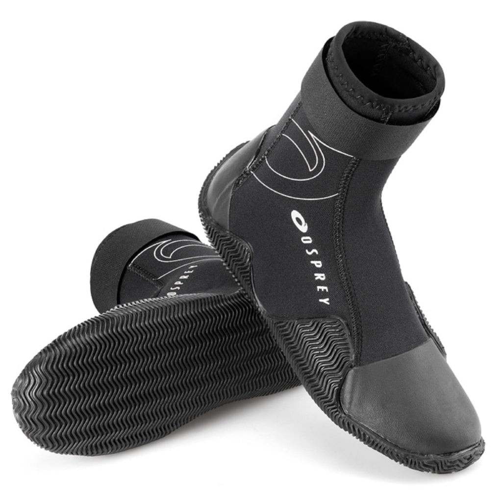Black diving boots with Osprey branding on a white background