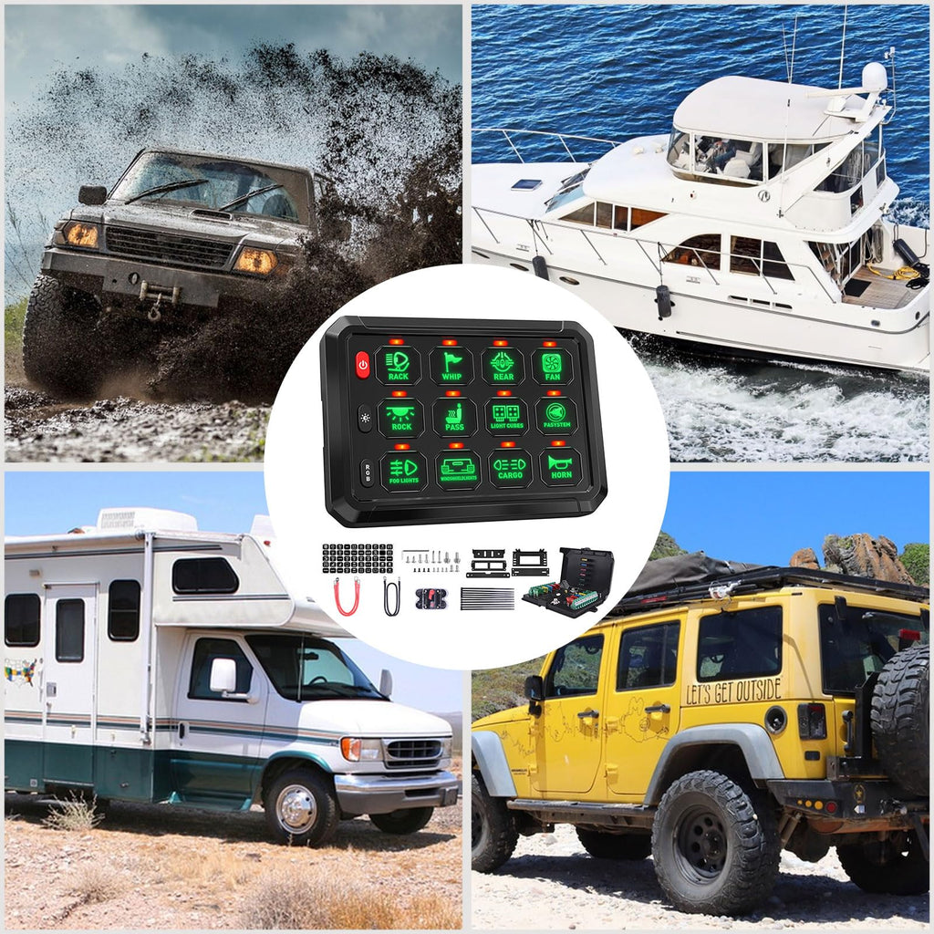 Collage of vehicles and a control panel with various outdoor settings.