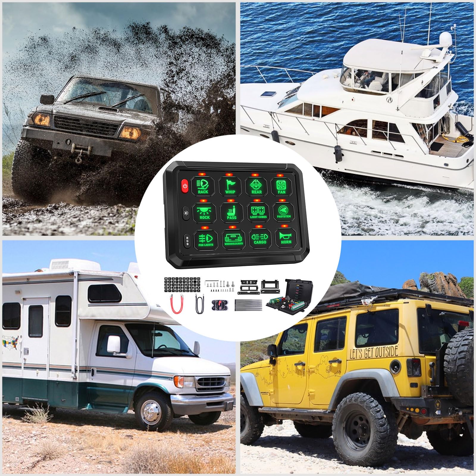 Collage of vehicles and a control panel with various outdoor settings.
