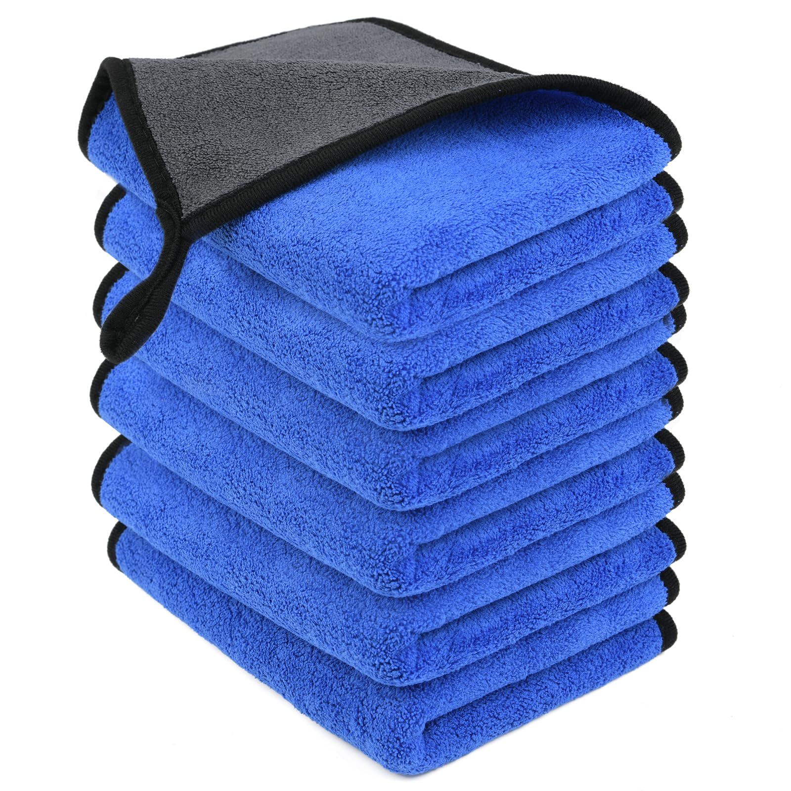 Stack of blue towels with a black border on a white background
