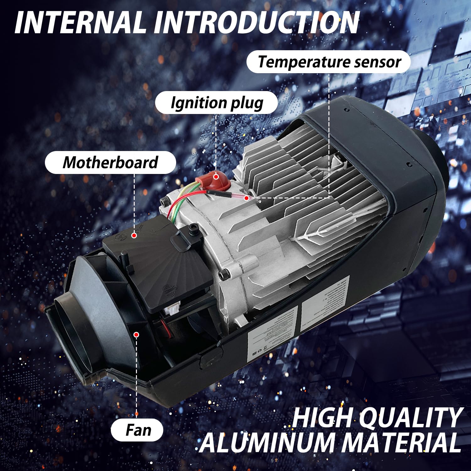 Motor with labeled parts on a space-themed background
